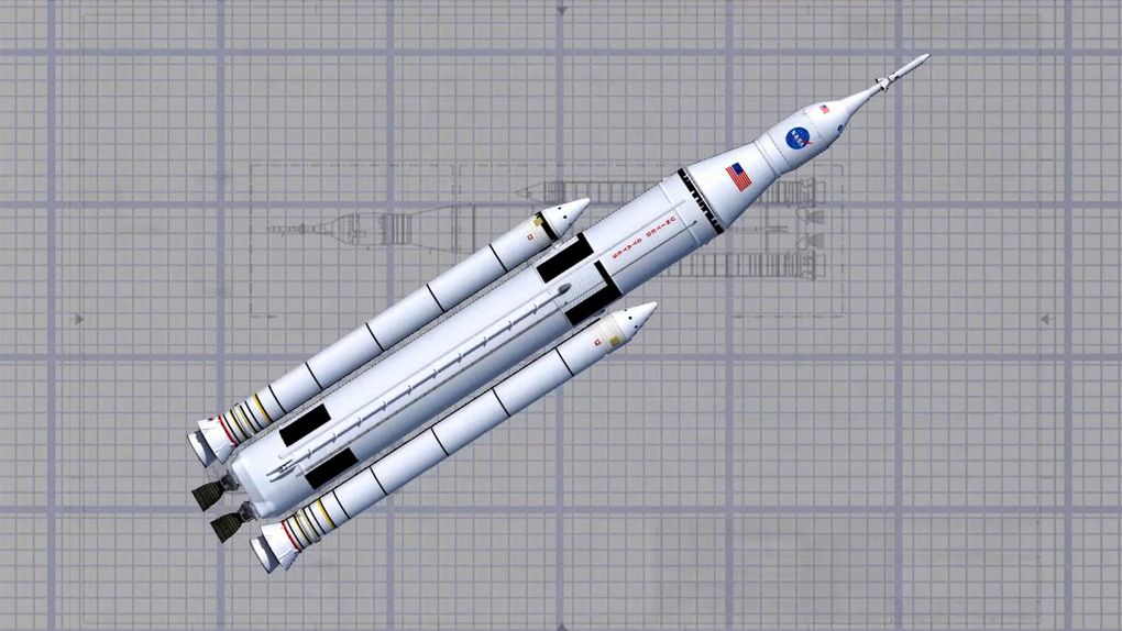 Artist's rendering of a blueprint of the completed Space Launch System. (NASA/MSFC)