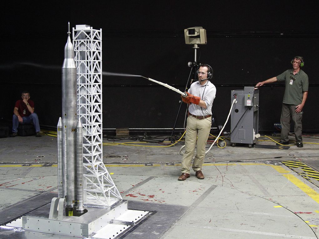 NASA engineers used a 67.5-inch model to test how environmental factors including wind and water would affect the rocket on the launchpad. (Credit: NASA/LaRC)